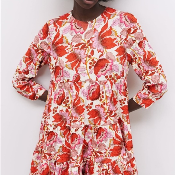 New Zara Mini Floral Dress S Red Pink - Picture 5 of 15
